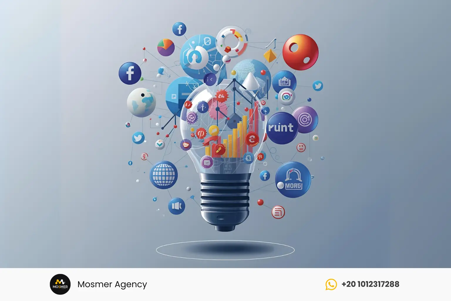 Creative concept illustration representing a social media marketing agency in Egypt, featuring a lightbulb surrounded by icons of popular social media platforms