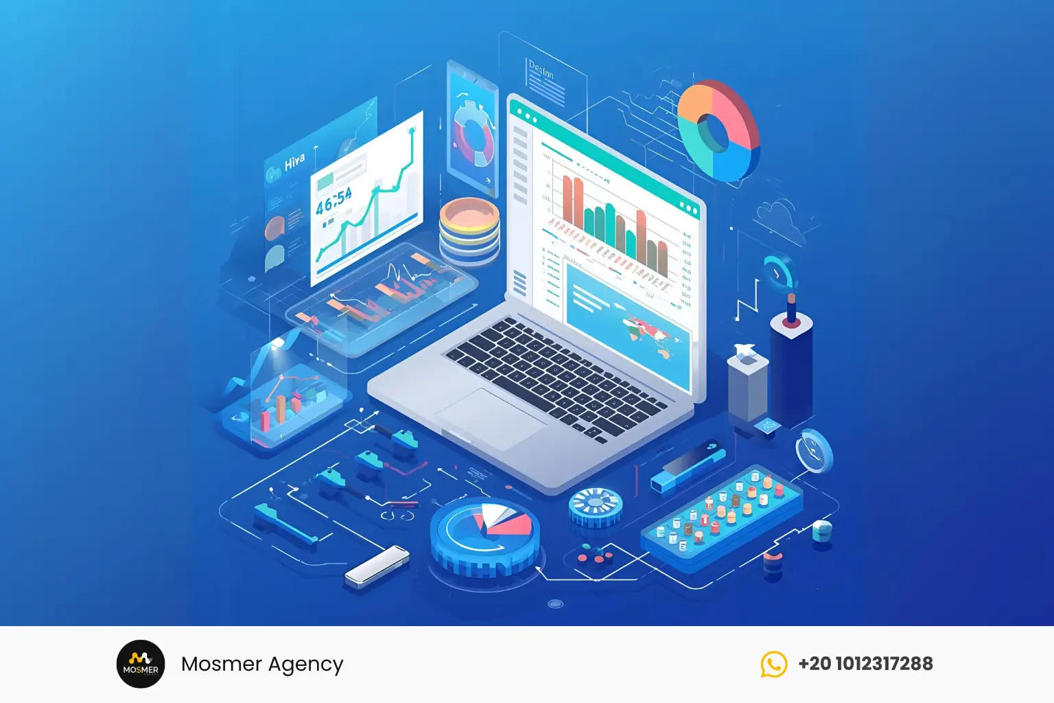 Illustration of a digital marketing agency offering SEO, PPC, and social media ads."