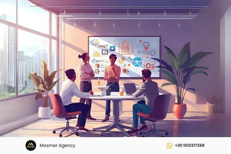 Team meeting at a modern office of a digital marketing companies in Dubai, with professionals brainstorming strategies around a whiteboard displaying charts and marketing icons.