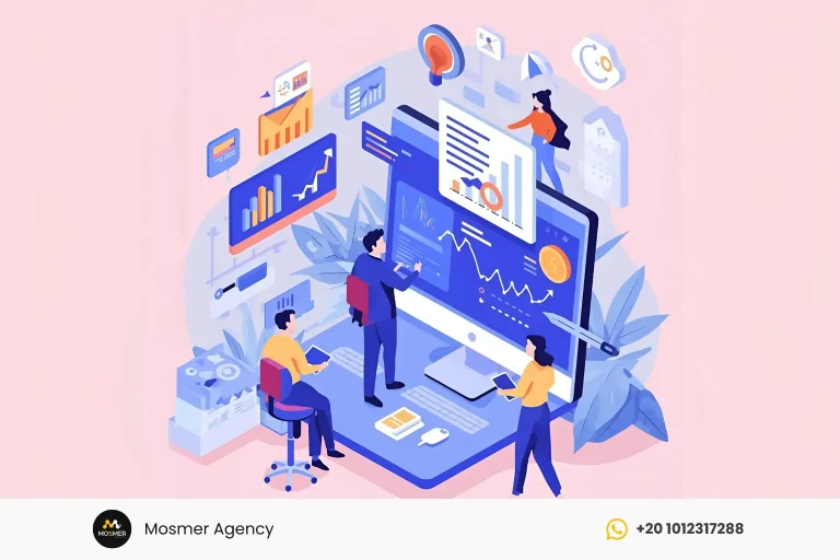 Illustration of professionals analyzing data representing leading companies in digital marketing.